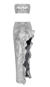 Zweiteiliger Bandeau-Anzug mit Pailletten in Silber